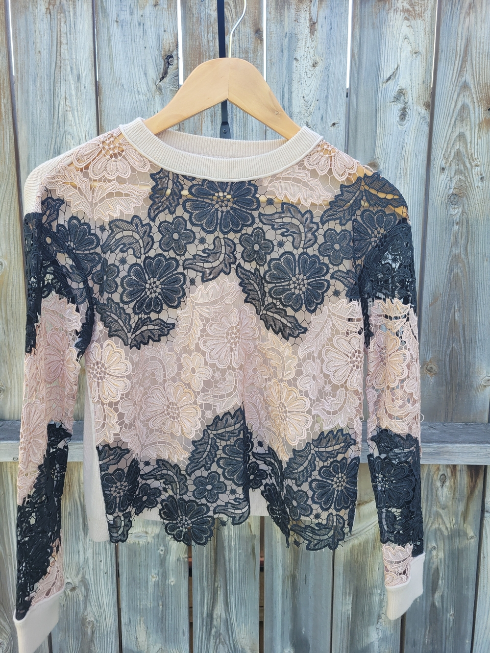 Alice + Olivia Pink Lace Long Sleeve Top with Black Floral Overlay